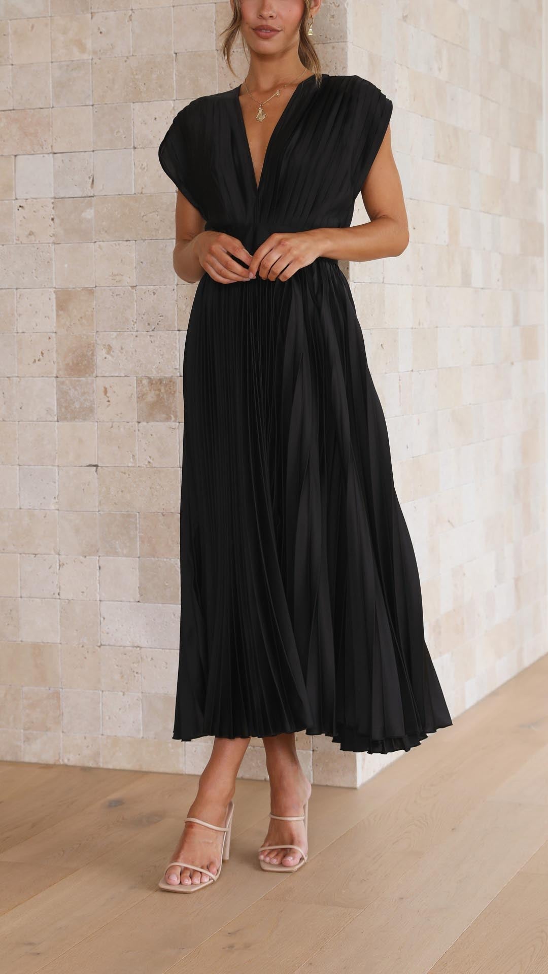 Satin High-Neck Pleated Maxi Dress