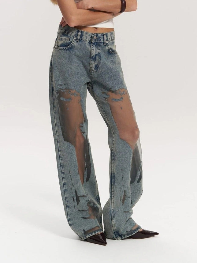Claire - Mesh Panel Wide-Leg Jeans