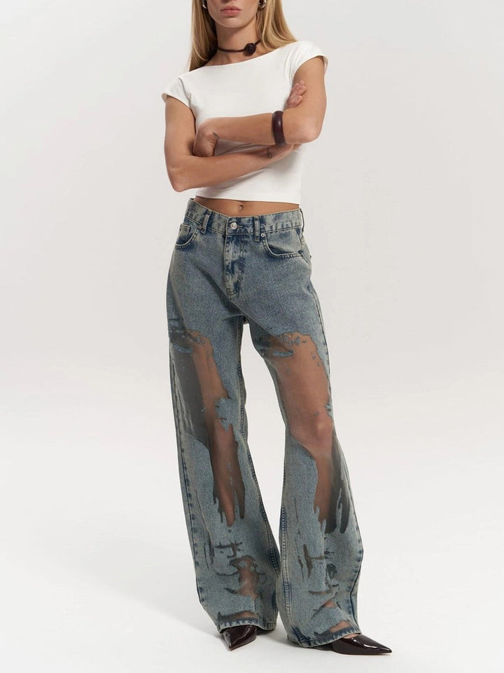 Claire - Mesh Panel Wide-Leg Jeans