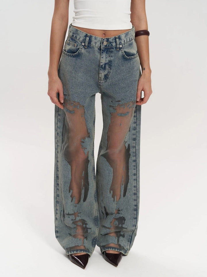 Claire - Mesh Panel Wide-Leg Jeans