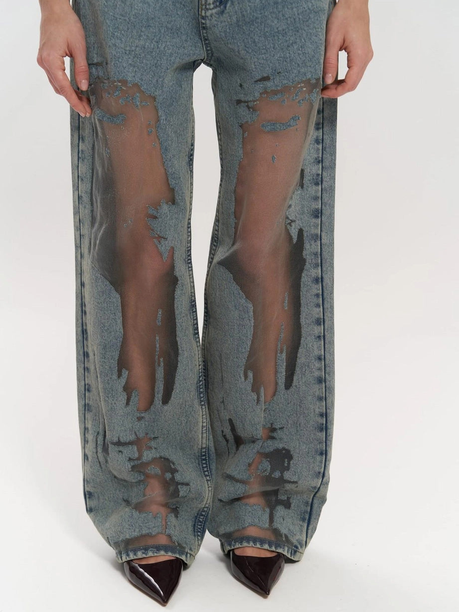Claire - Mesh Panel Wide-Leg Jeans