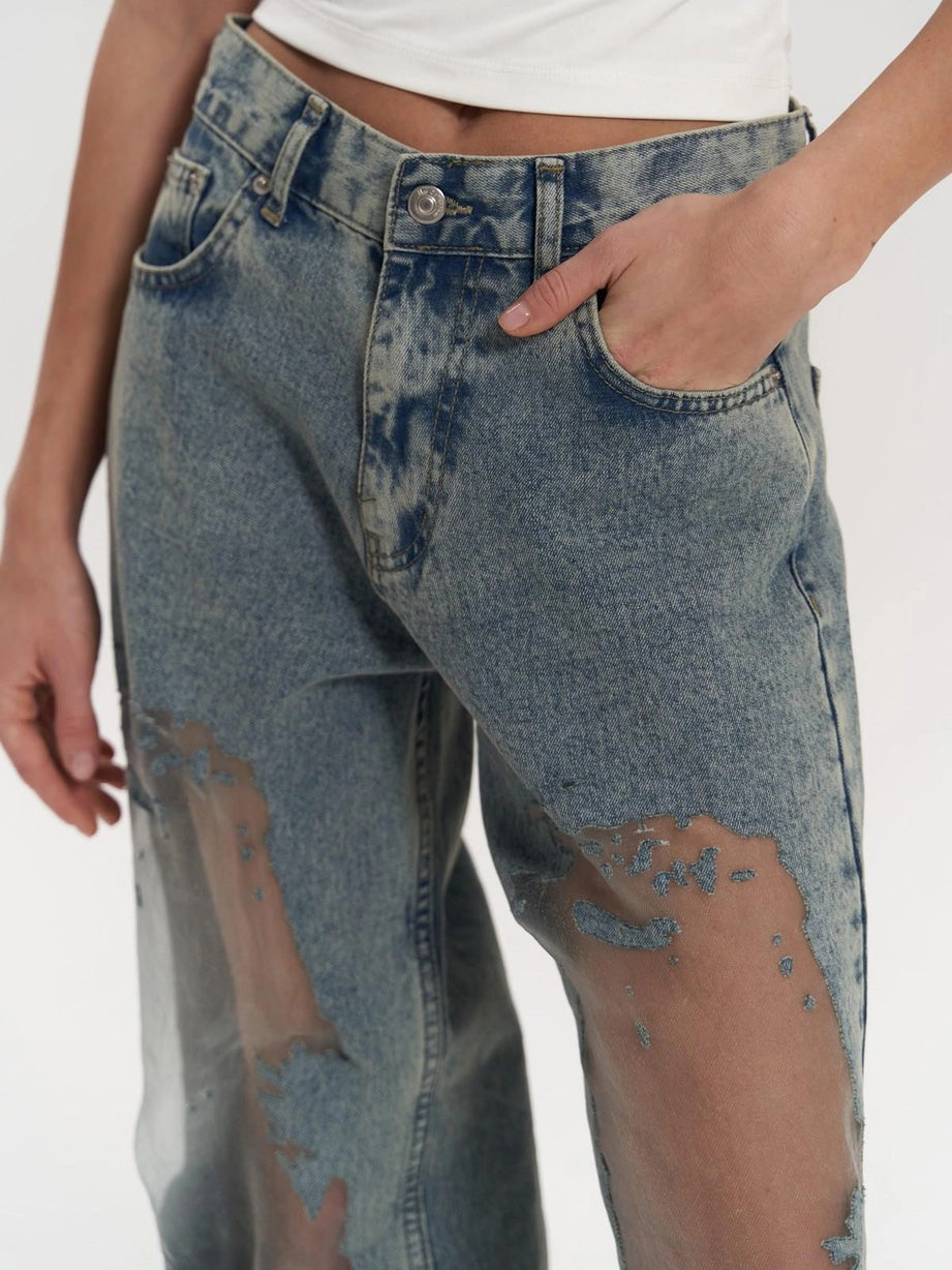 Claire - Mesh Panel Wide-Leg Jeans
