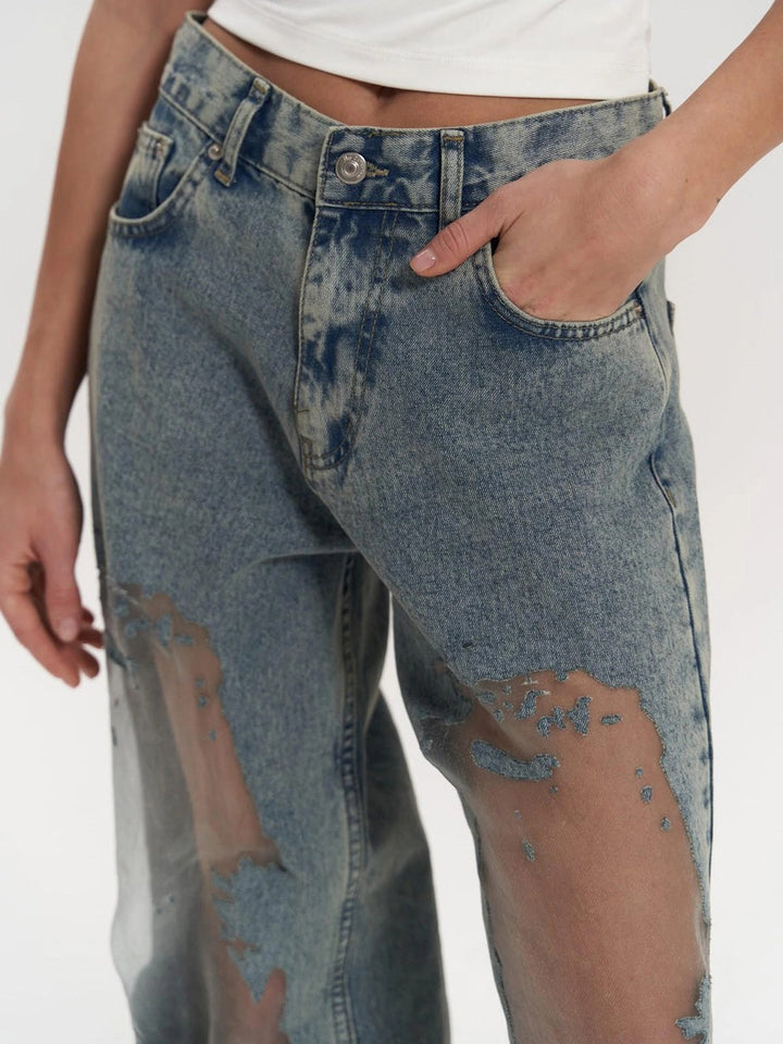 Claire - Mesh Panel Wide-Leg Jeans