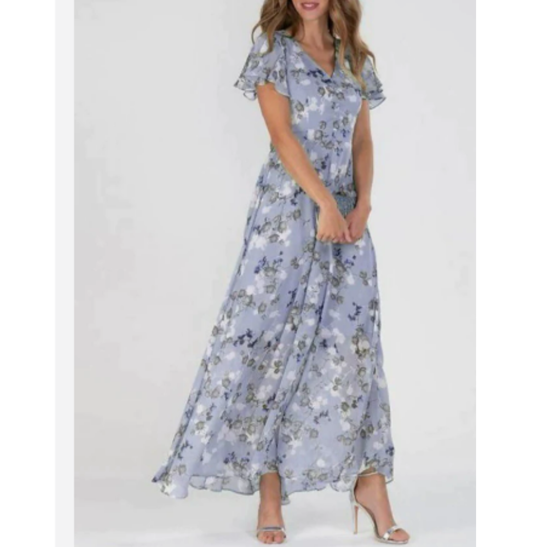 Formal Maxi Dress with V-Neck, Flutter Sleeves, and Flowy A-Line
